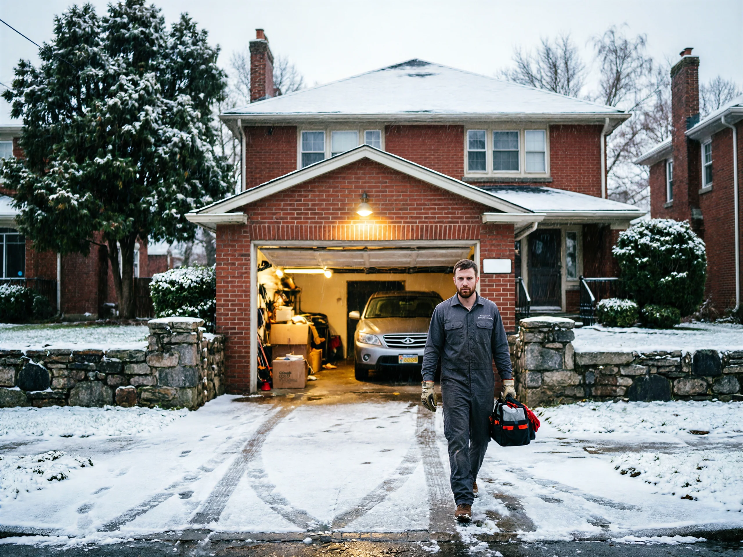A technician walks away from a house with an open garage on a snowy day.