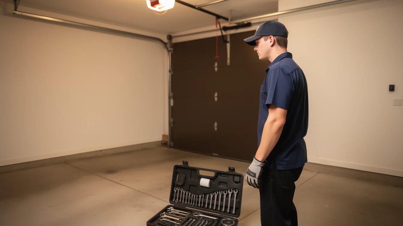 A technician stands in a garage with an open toolbox and a closed brown garage door.
