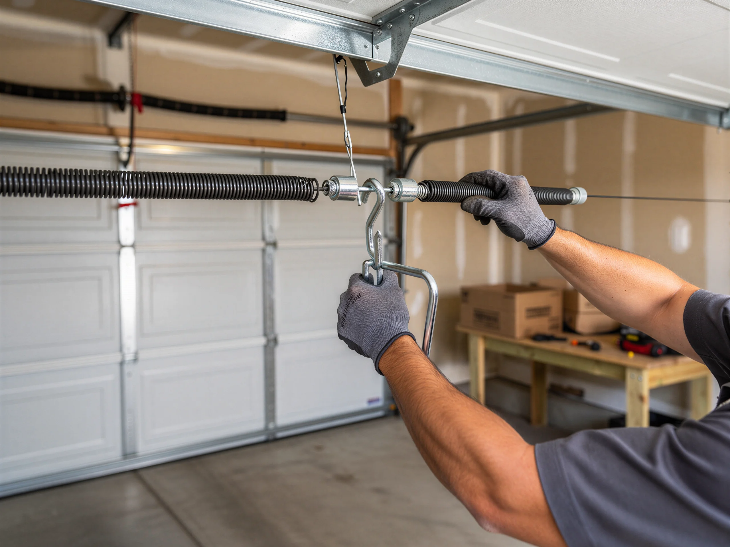 A technician installs a garage door extension spring with a safety cable.