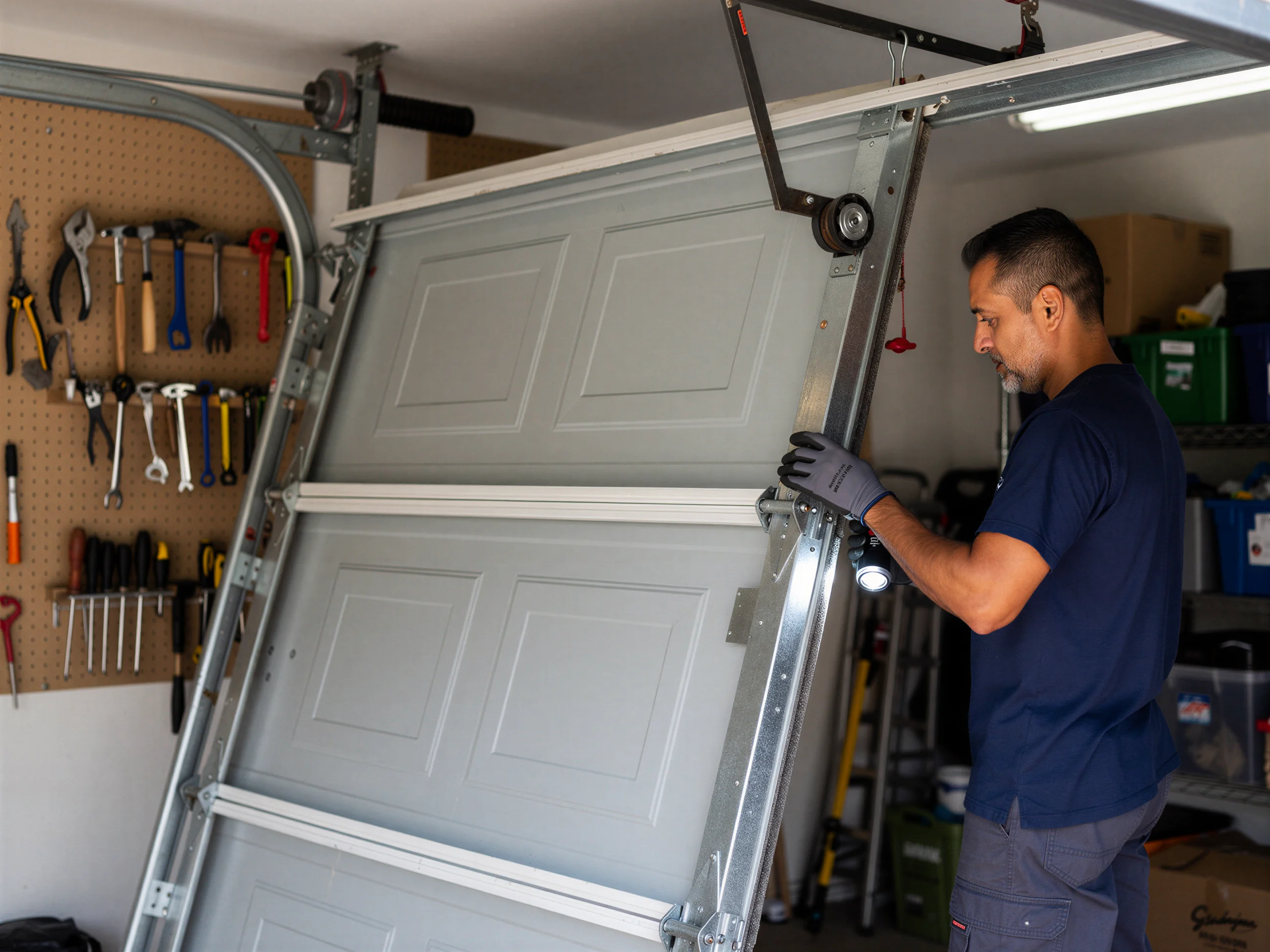 A technician works on a gray garage door with tools on a pegboard in the background.