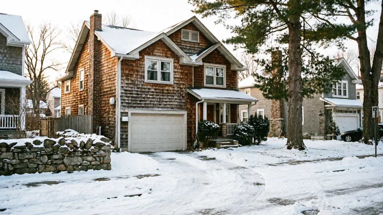 A two-story house with a white garage door and snow on the ground.